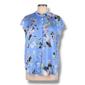 Rachel Roy Blouse Size L Blue Floral Button Front Cap Sleeve Mandarin Collar